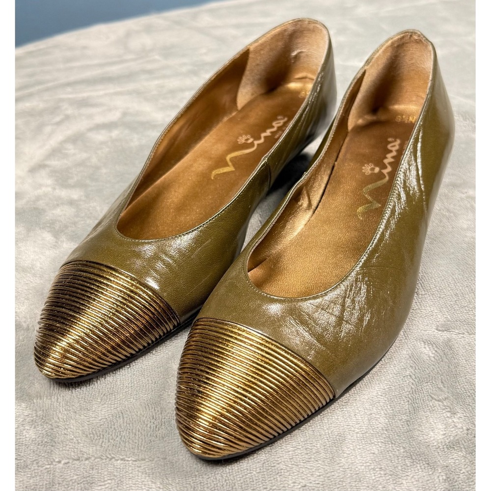 Nina Flats Womens 8.5 N Olive Green Gold Cap Toe Patent Leather Made in Spain
